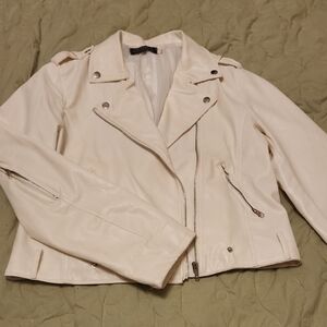 Light Cream Faux Leather Moto Jacket with Asymmetric Zip
